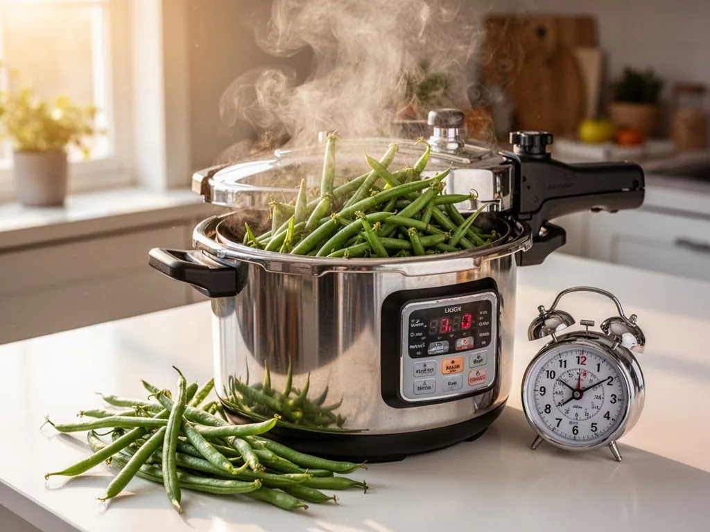 Fresh green beans spill from an open stovetop pressure cooker with steam rising, a kitchen timer beside it on a white co
