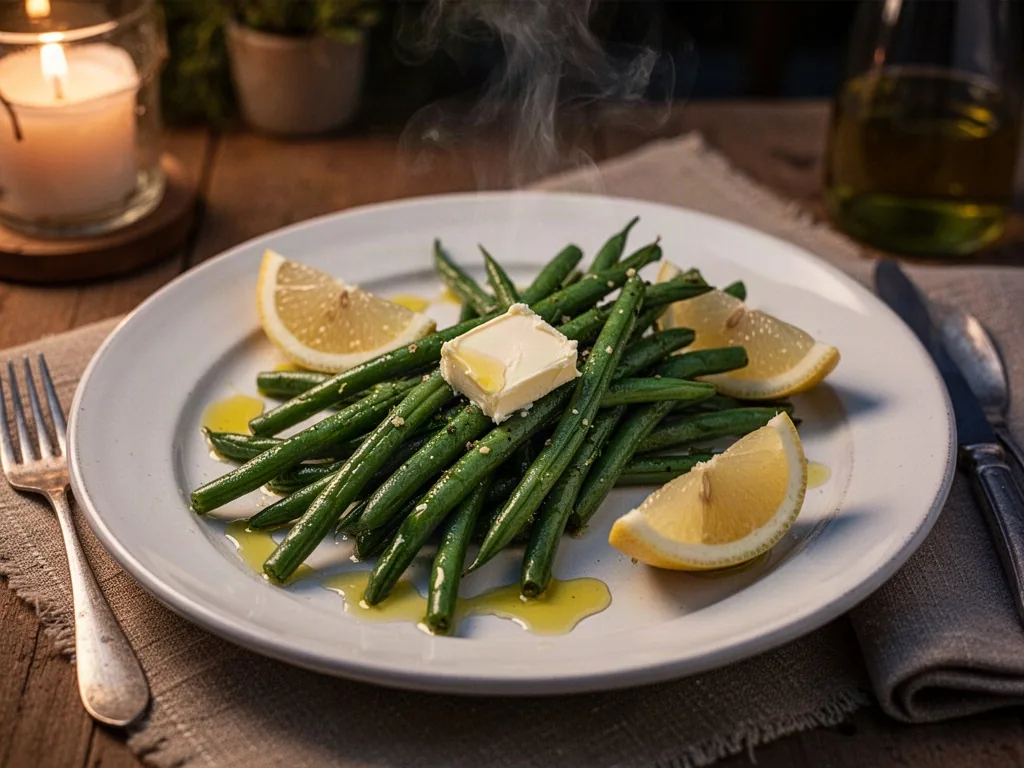 A white ceramic plate of cooked green beans drizzled with olive oil and lemon wedges, a small pat of butter melting, eve