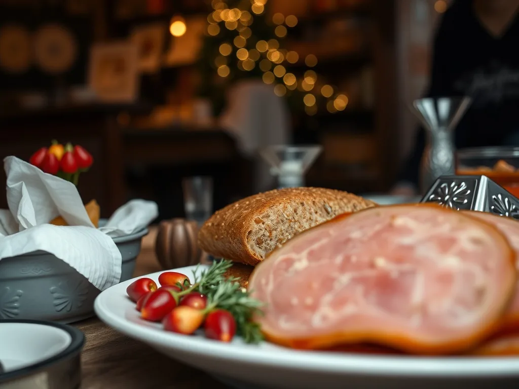 Grand plat de jambon de Noël laqué, entouré de légumes rôtis, de purée onctueuse et d'une saucière fumante