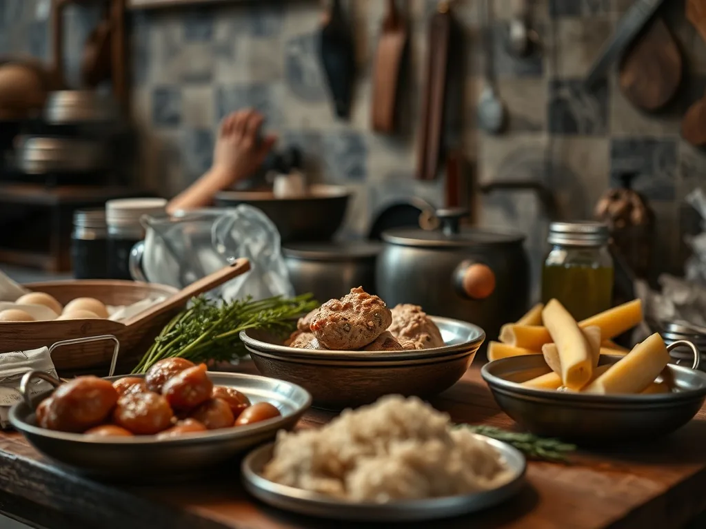 Tranches de langue de bœuf nappées de sauce piquante aux cornichons, servies avec une purée onctueuse et des pommes de terre vapeur dans un plat familial