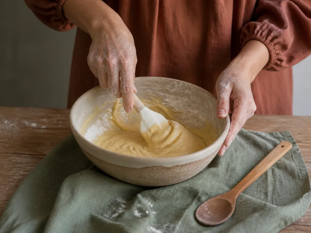 Photorealistic editorial photograph: flour-dusted hands folding madeleine batter in a ceramic bowl on a sage linen towel