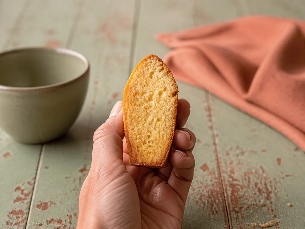 Photorealistic editorial photograph: a thick slice of madeleine biscuit held upright in one hand, showing its golden cru