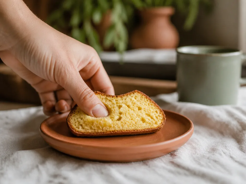 Photorealistic editorial photograph: a hand gently pressing a madeleine sponge slice to test springiness, on a terracott