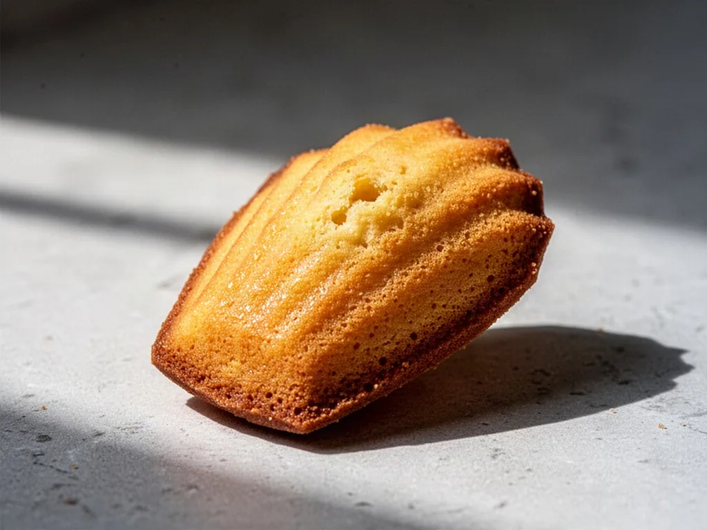 Madeleines dorées sur une assiette avec une tasse de thé et un livre de recettes