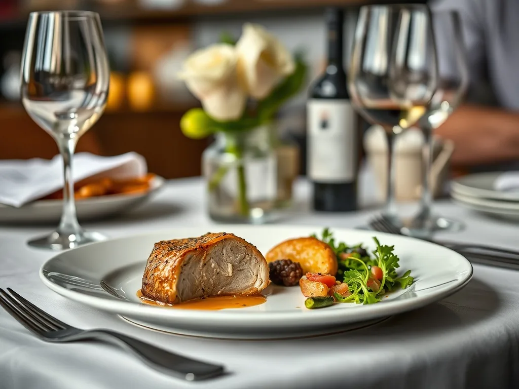 Assiette avec magret de canard rosé, purée de patate douce et haricots verts, entourée de couverts élégants