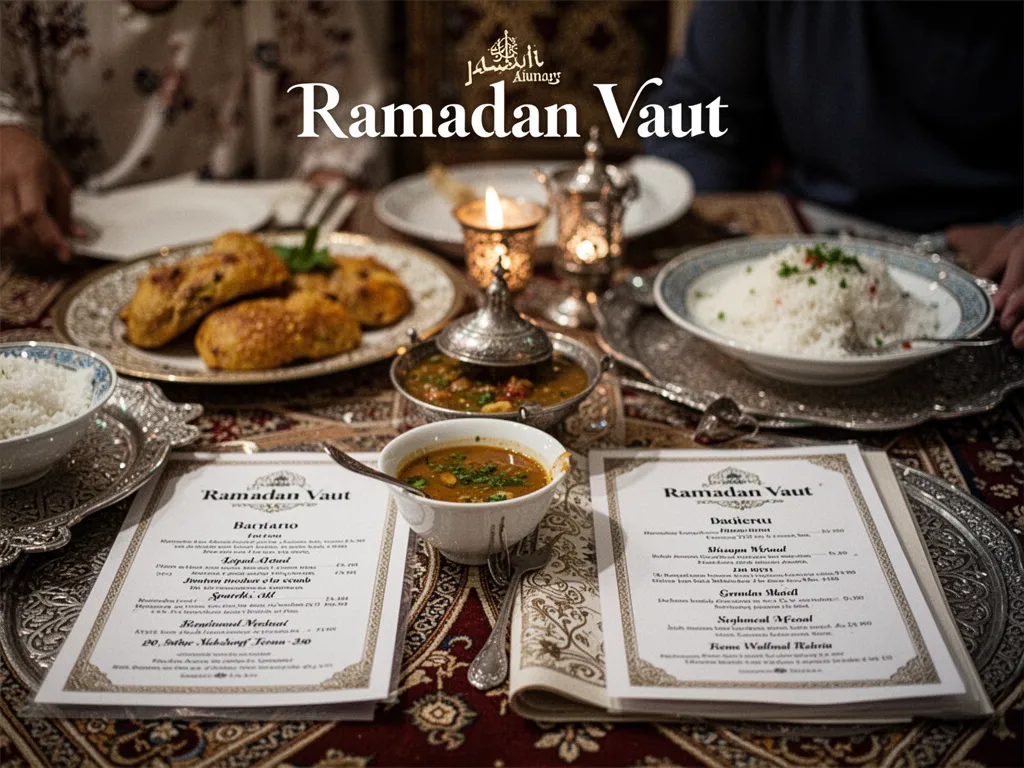 Table de ftour avec soupe, dattes, bricks, tajine et petits bols de légumes
