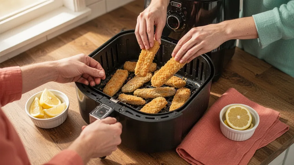 Mains plaçant des bâtonnets de poisson pané surgelé dans le panier d'un airfryer