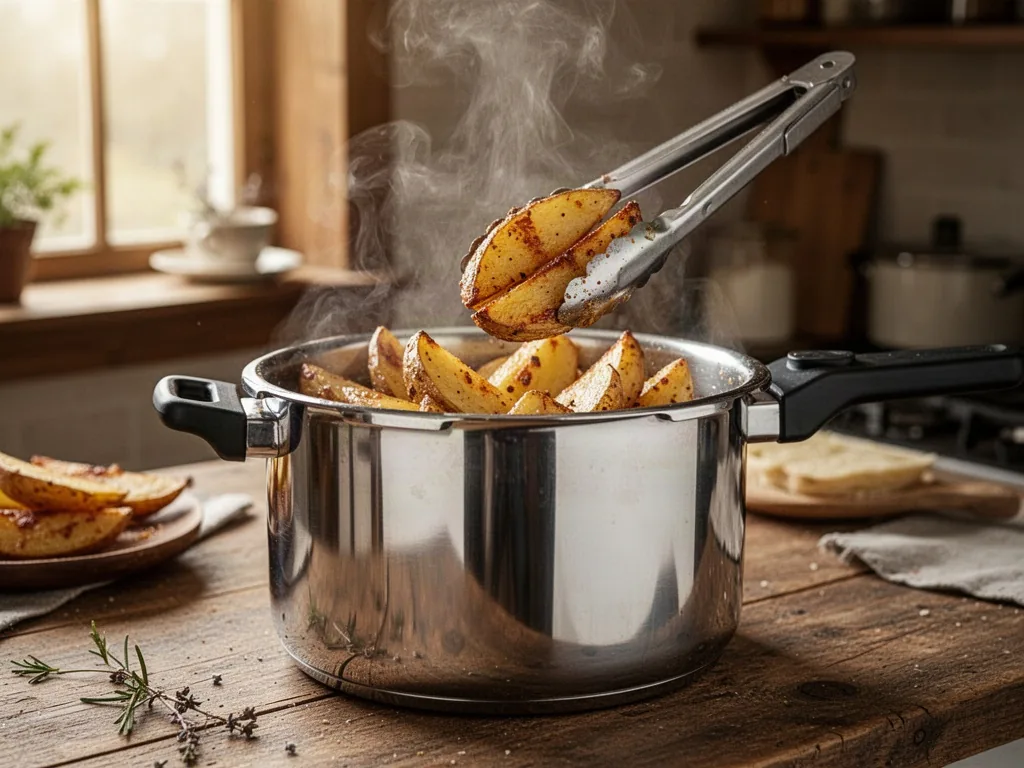 A stainless steel pressure cooker pot with golden potato wedges lifted by tongs, caramelized crust, clean glossy bottom,
