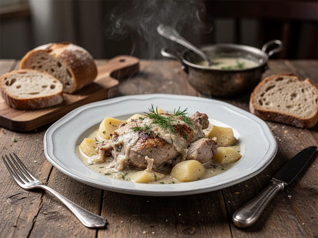 Table familiale avec baeckeoffe, choucroute garnie, pommes de terre et plat alsacien servi dans une cocotte