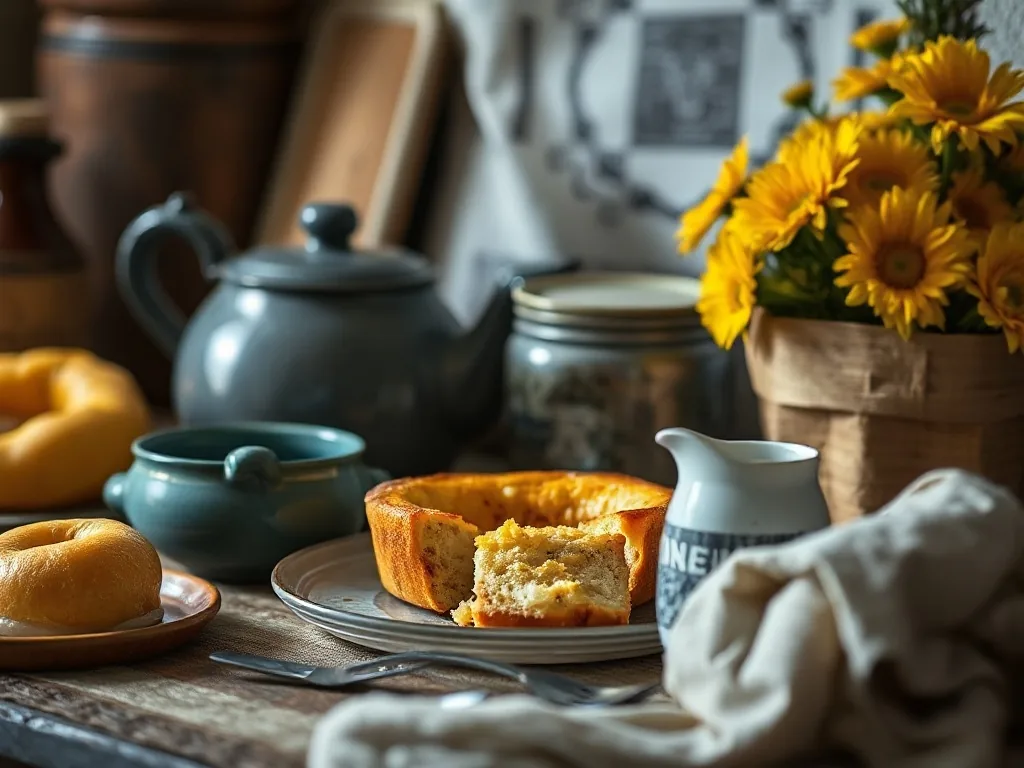 Plan de travail avec une douzaine d’œufs, un moule à flan, une tresse de challah dorée et un fouet