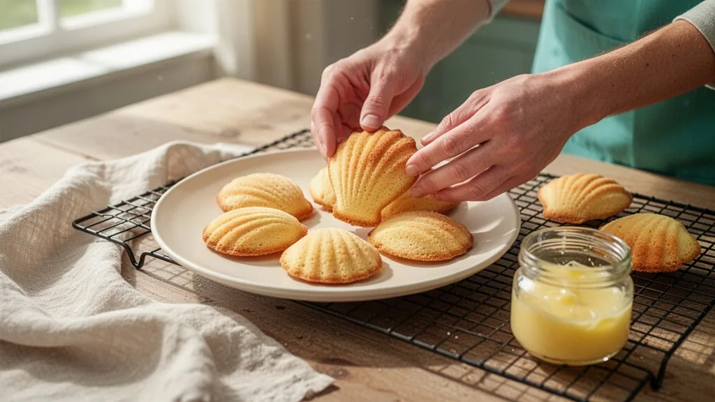 Mains de boulanger posant des madeleines dorées sur une assiette, recette Cyril Lignac
