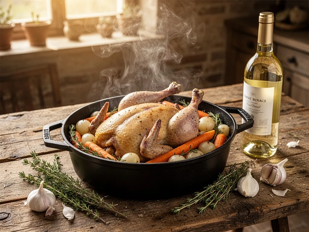 A cast-iron cocotte with guinea fowl pieces, carrots, pearl onions, garlic, fresh thyme, a white wine bottle beside it o