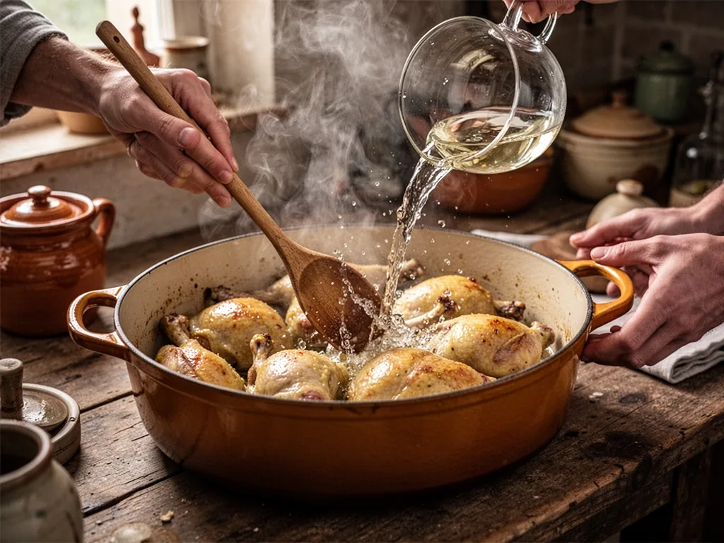 Hands with a wooden spoon stirring golden guinea fowl pieces in a Dutch oven, white wine splashing into the pan, steam r