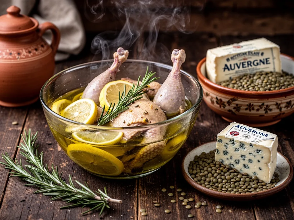A glass bowl with guinea fowl pieces soaking in olive oil, lemon juice, rosemary, beside Auvergne blue cheese and green 