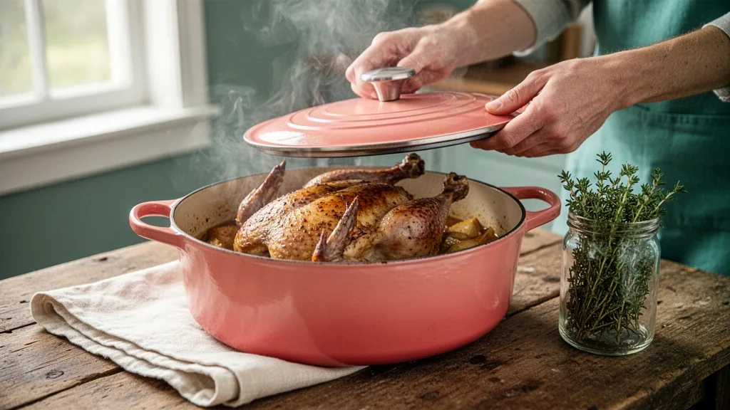 Faisan entier braisé en cocotte en fonte, vapeur s'élevant, table rustique avec thym frais