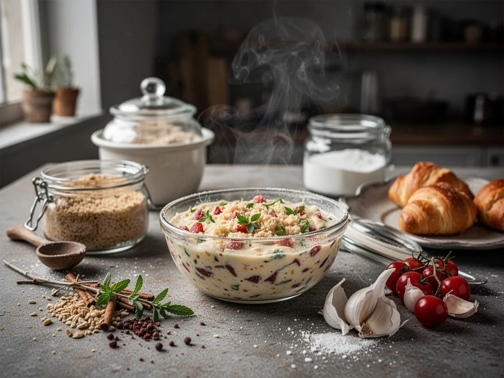 Grand plat familial posé sur une table de cuisine avec légumes, pâtes et assiettes prêtes à servir