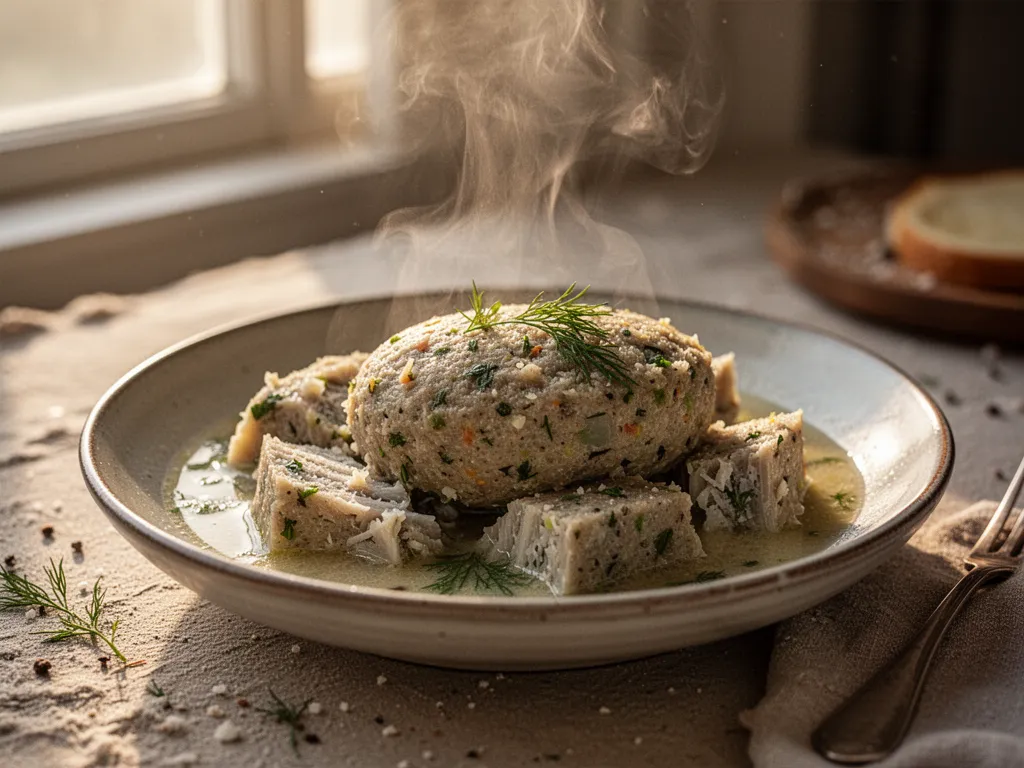 Ovale de gefilte fish posé dans un bouillon clair avec des carottes tranchées
