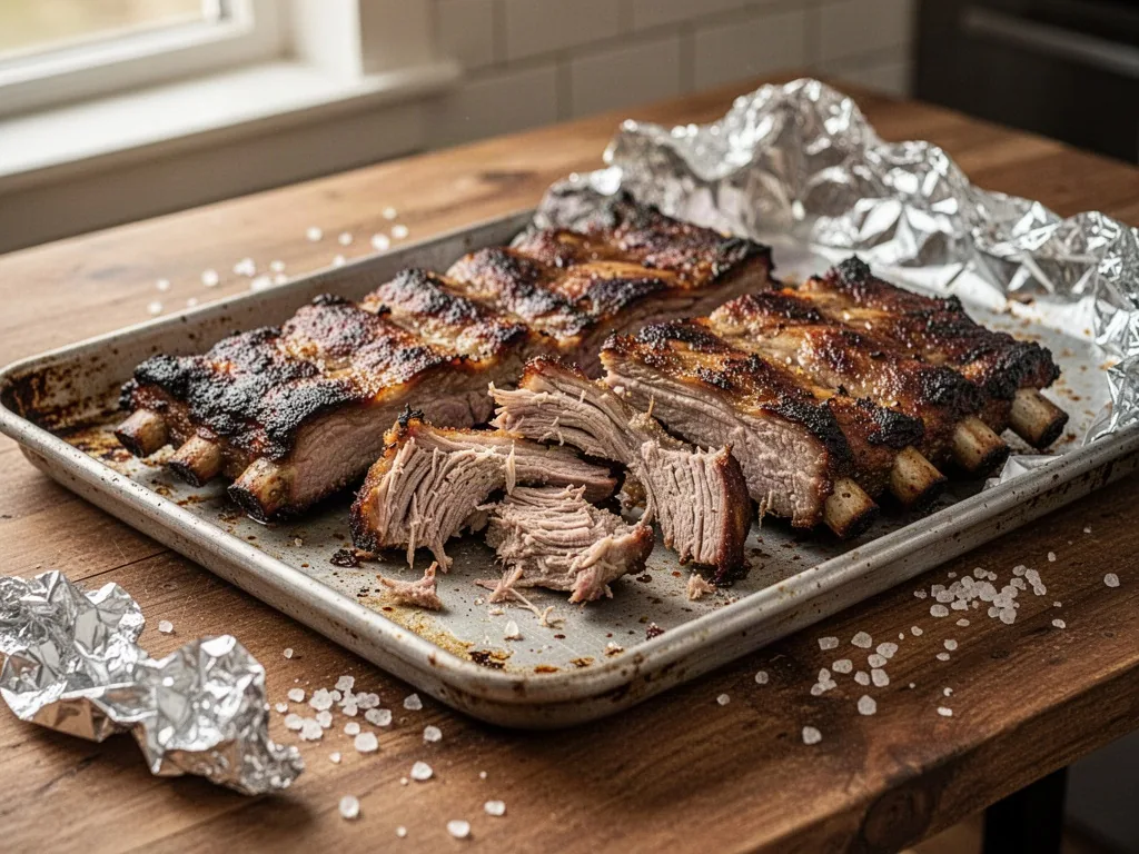 A baking tray of overcooked pork ribs with darkened edges, sliced open to reveal dry meat, scattered coarse salt, crumpl