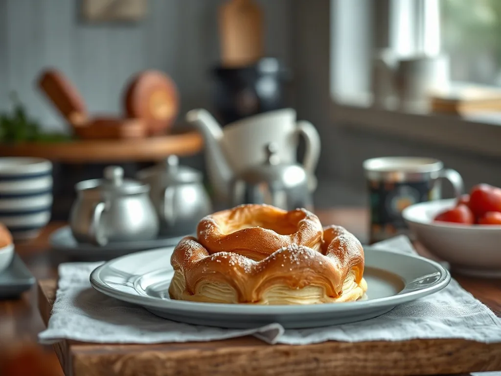 Vol-au-vent doré à la pâte feuilletée, garni d'une sauce aux champignons et au poulet, posé sur une assiette blanche