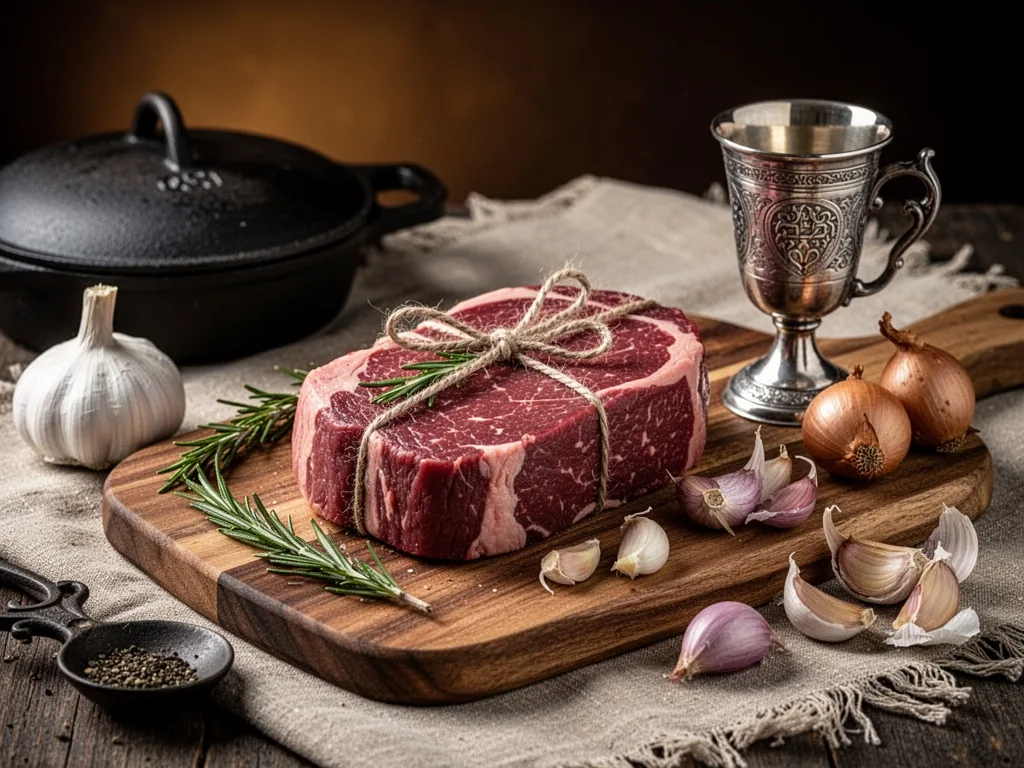 A raw filet mignon tied with twine on a wooden board, with garlic, rosemary, shallots, and a silver Kiddush cup, on a Sa