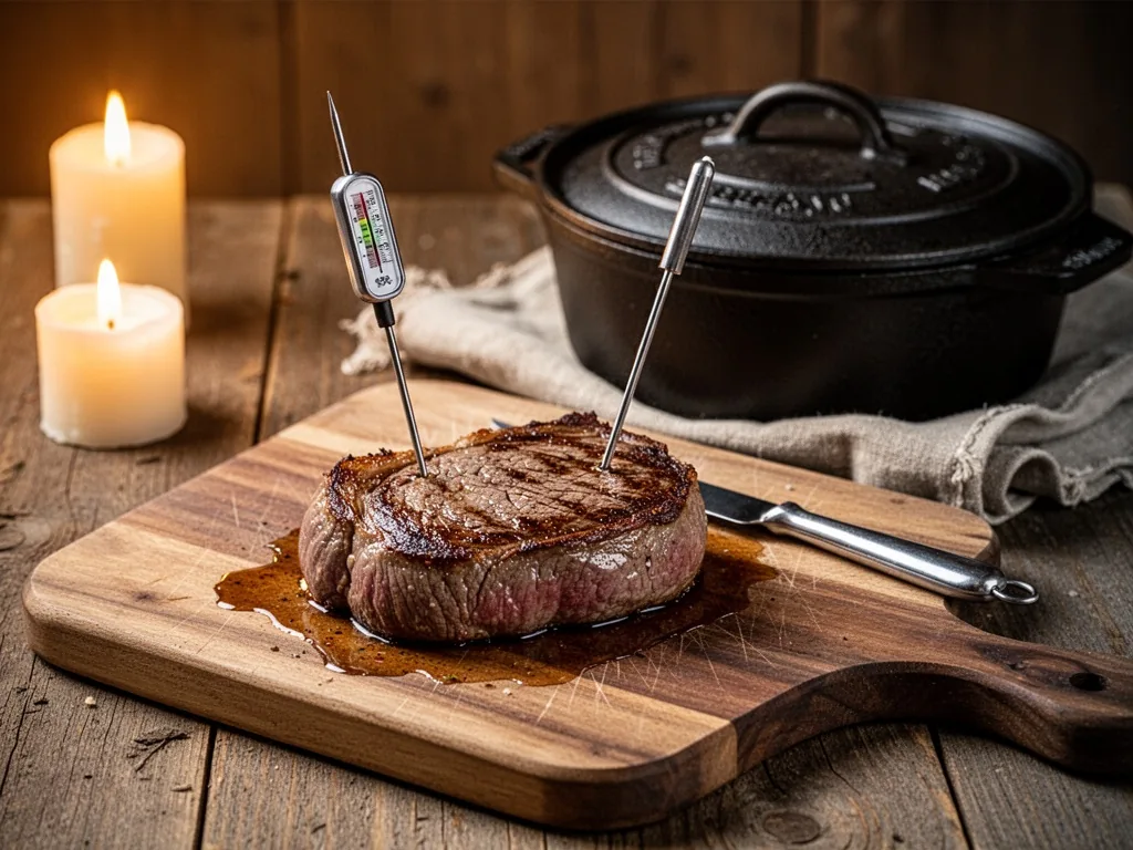 A rested filet mignon steak on a cutting board, a probe thermometer inserted, juices pooling, a cast-iron pot with lid n