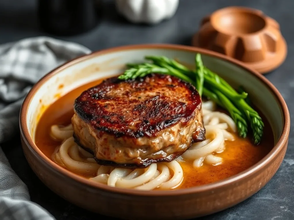 Filet mignon doré en cocotte en fonte avec sauce et herbes