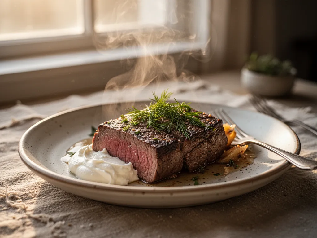 Sauce onctueuse versée sur un plat de viande, entourée d'herbes