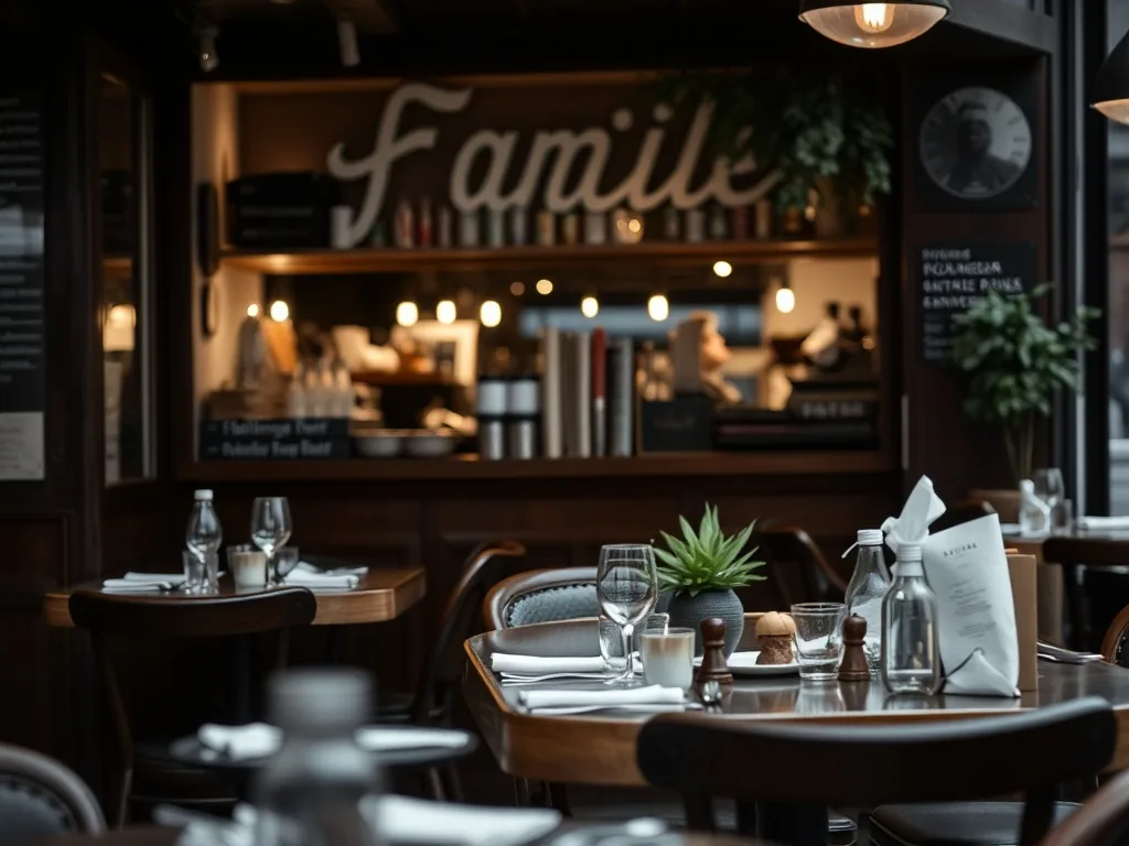 Famille attablée dans un restaurant lumineux à Lille, avec des enfants qui jouent près d’une petite structure en bois et des parents qui discutent autour d’un plat régional.
