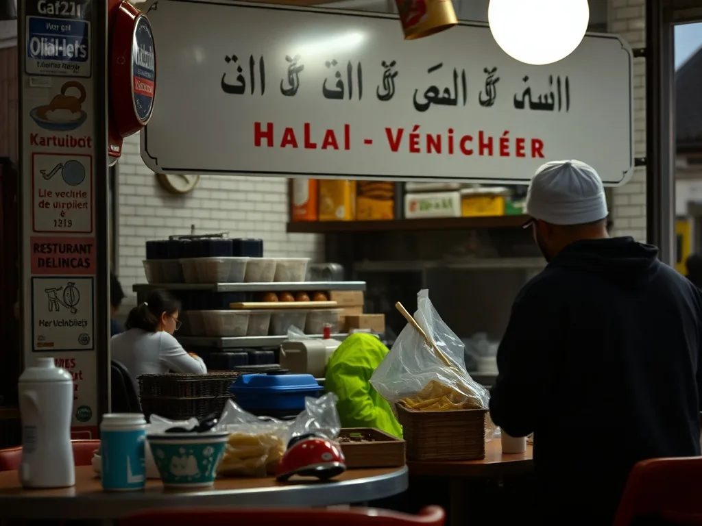 Buffet halal à volonté avec viandes grillées, salades orientales et plats chauds dans un restaurant lumineux