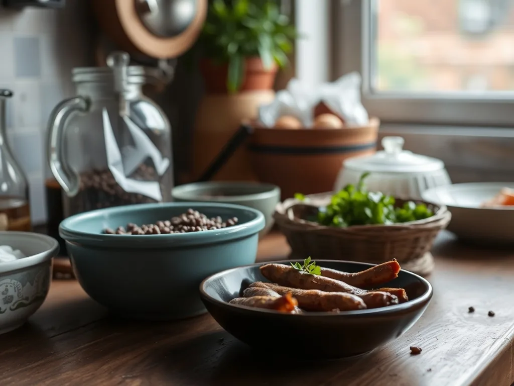 Cocotte en fonte avec saucisses fumées et lentilles vertes nappées d'un bouillon épais, persillées, servies dans une assiette creuse