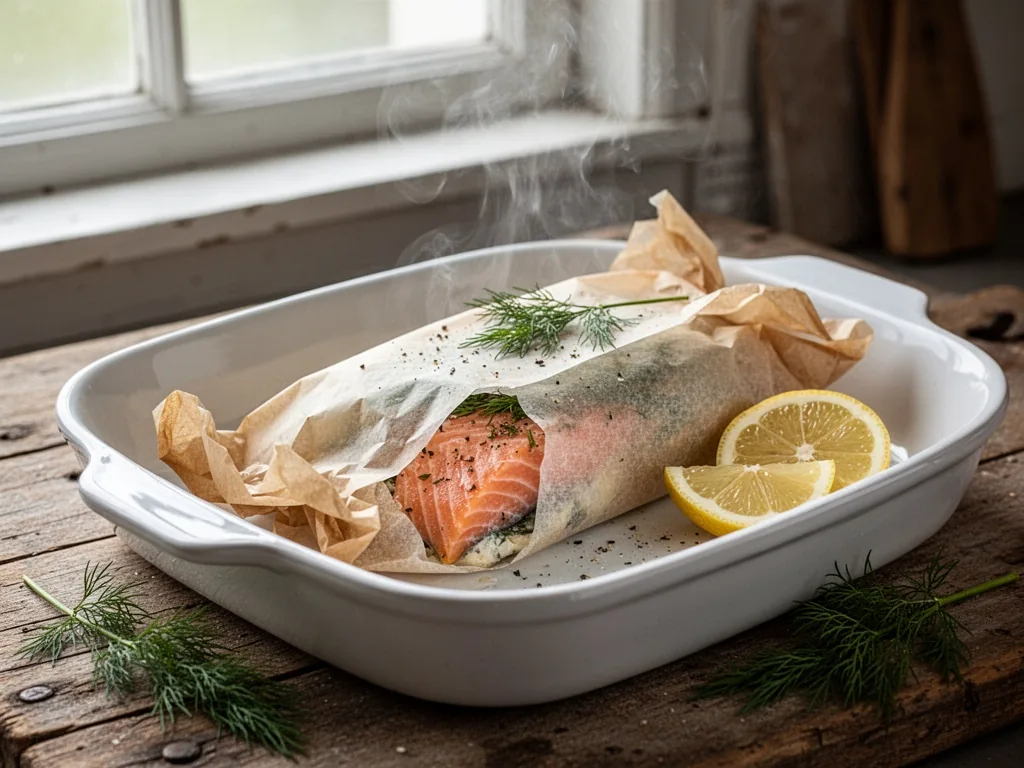 A parchment papillote parcel on a white ceramic baking dish, seam slightly open, flakes of salmon visible, steam rising,