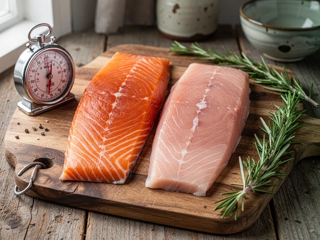 Two raw salmon fillets side by side on a wooden board, one deep orange wild, one pale pink farmed, a metal kitchen timer