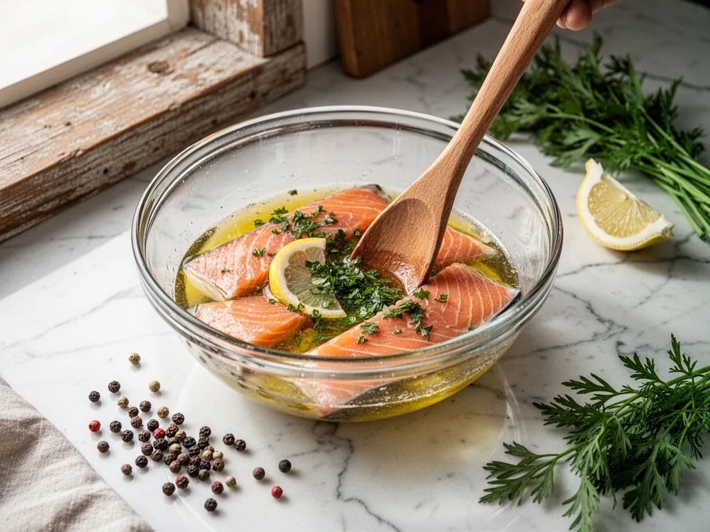 A glass bowl with salmon fillets and lemon juice, olive oil, chopped herbs, a wooden spoon about to stir, scattered pepp