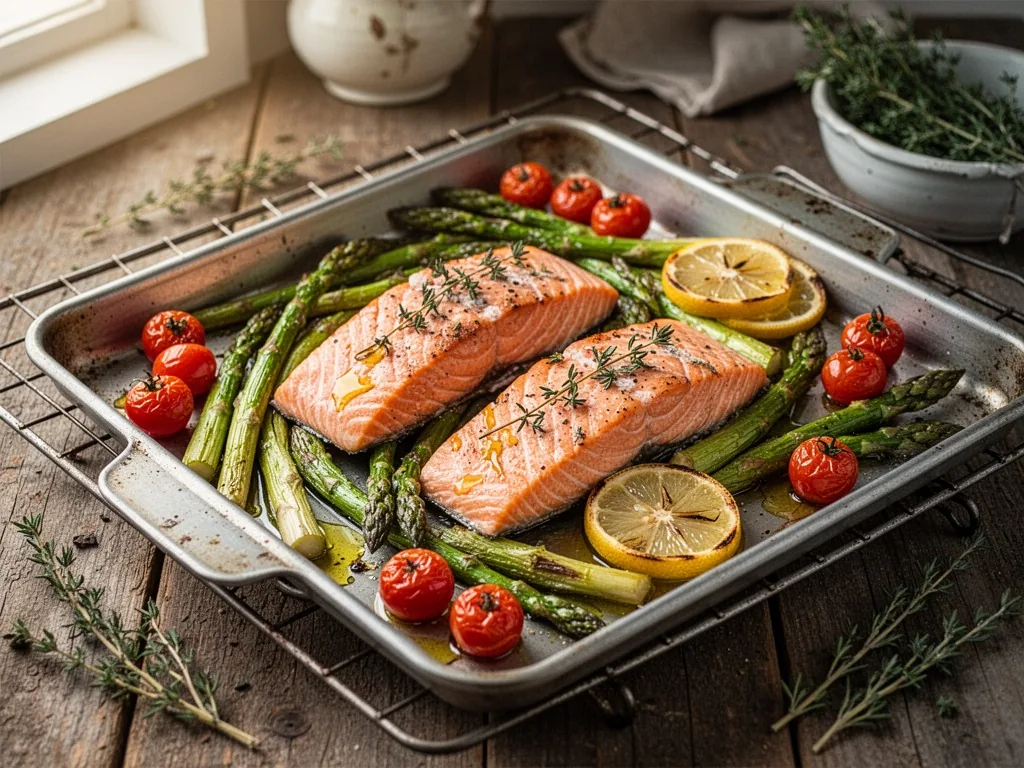 A metal sheet pan with two salmon fillets nestled among green asparagus and cherry tomatoes, roasted lemon halves, drizz