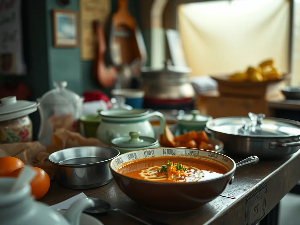 Bol de soupe de légumes fumante avec carottes, poireaux et courgettes, cuillère en bois posée à côté