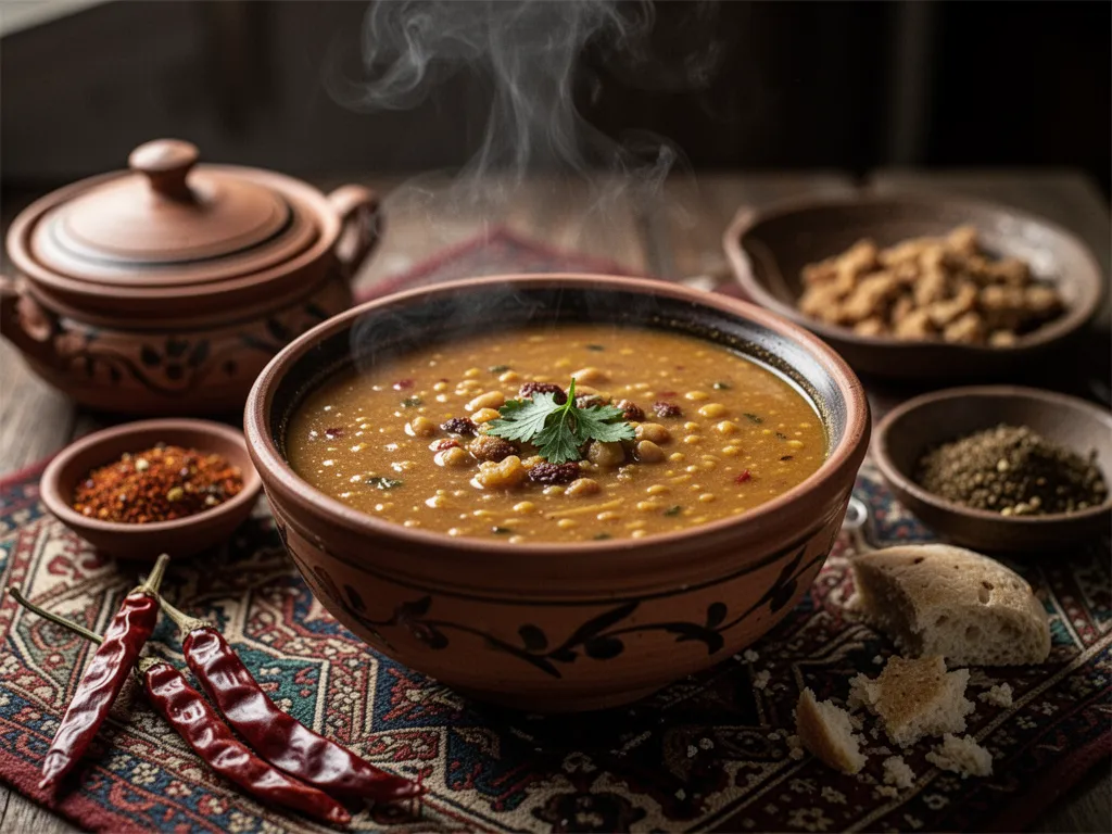 Bol de harira fumante avec pois chiches, vermicelles, coriandre et citron, sur une table en bois, devant une presse-purée et un torchon rayé