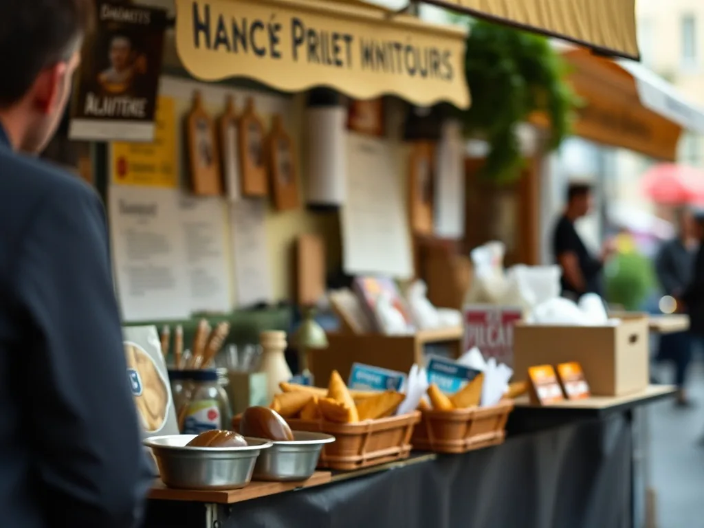 Étalage coloré des spécialités nancéiennes : macarons à l'amande, bergamotes dorées, part de quiche lorraine et pâté en croûte sur une planche en bois