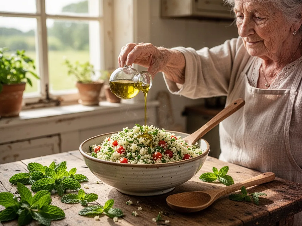An elderly woman's hand drizzling golden olive oil over a bowl of taboulé, fresh mint leaves scattered, bright daylight