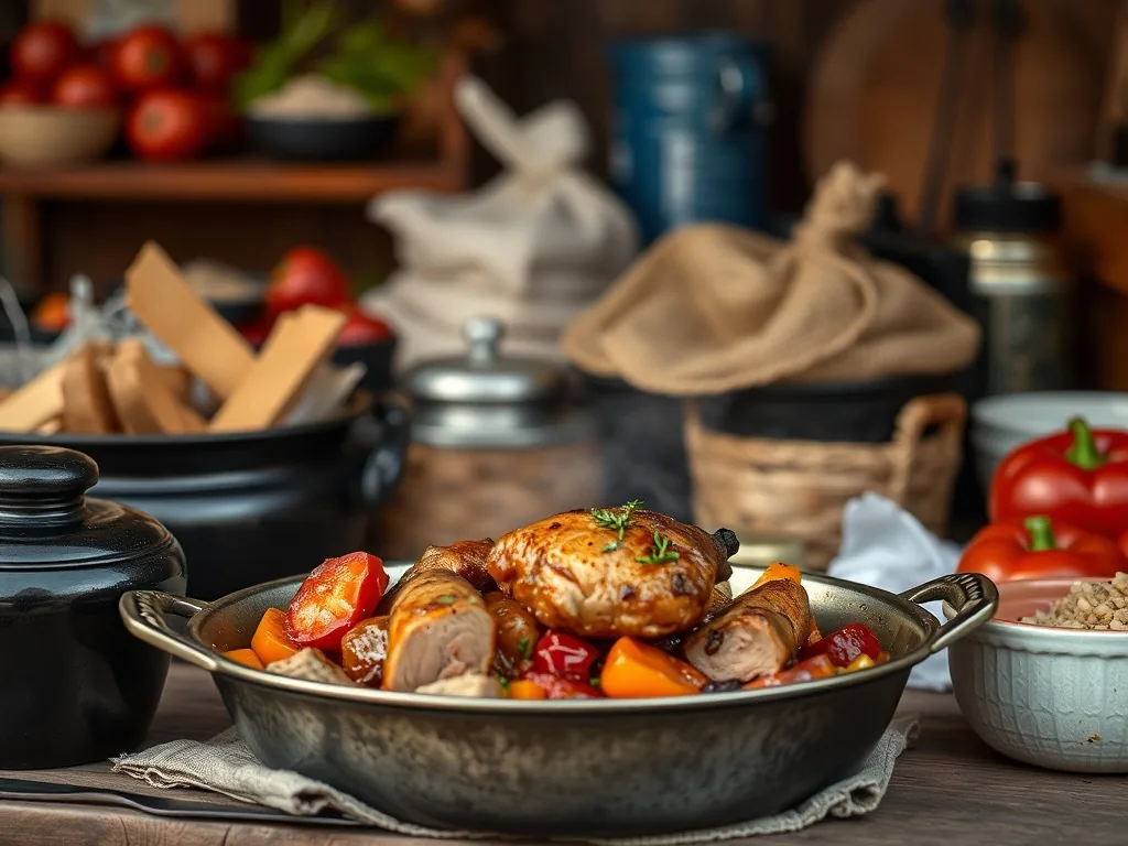 Tajine en terre cuite avec des pilons de poulet dorés, des pruneaux gonflés, des amandes grillées et une sauce brune épicée