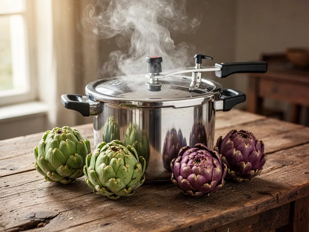 A stainless steel pressure cooker releasing a strong steam whistle, three green artichokes and one violet artichoke on a