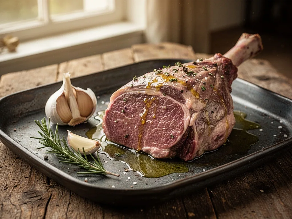 A cut garlic clove and rosemary sprig beside a glistening leg of lamb on a tray, olive oil drizzle, dark ceramic plate, 