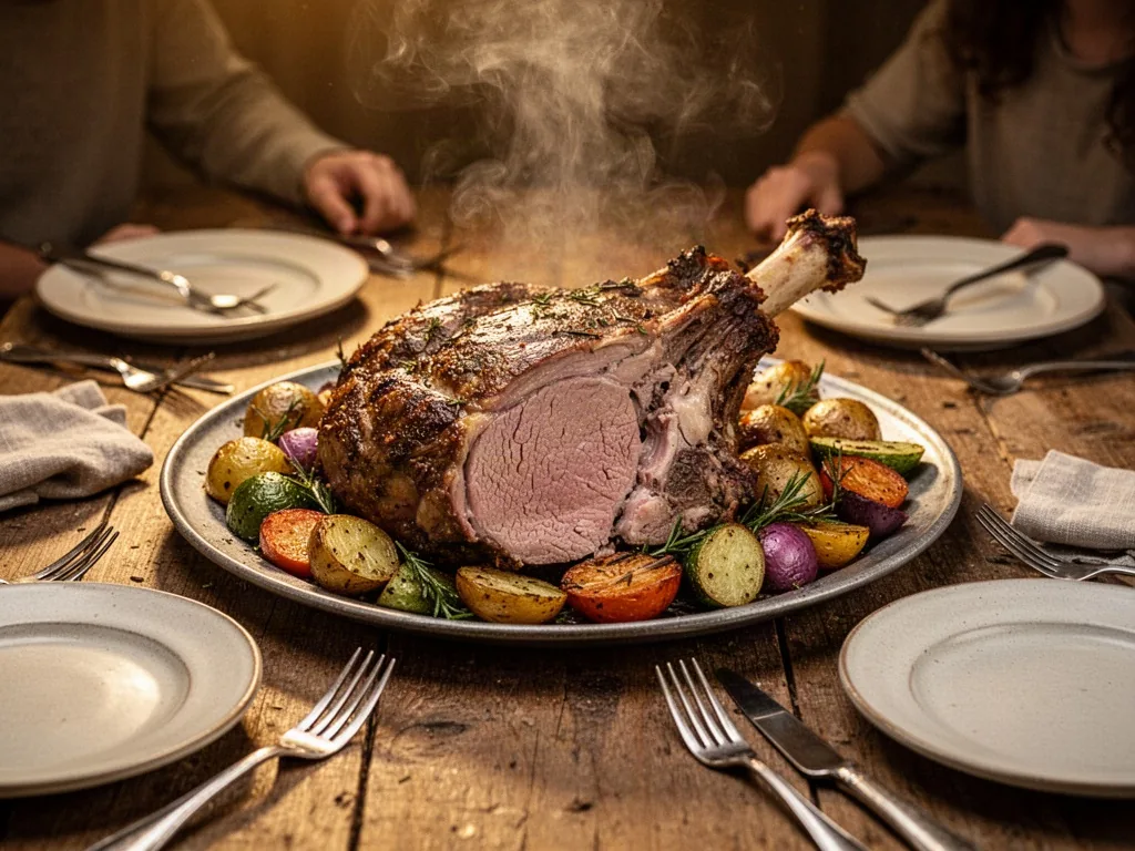 A large slow-roasted lamb leg on a platter surrounded by roasted vegetables, steam rising, several forks and plates arou
