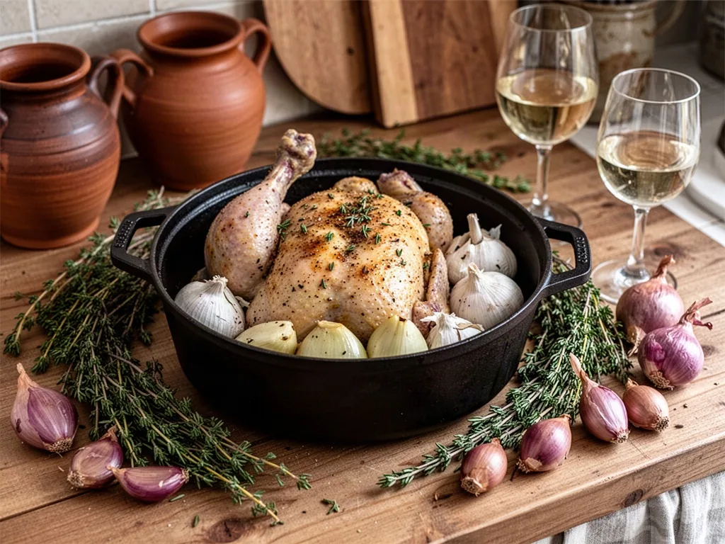 A cast-iron cocotte filled with seasoned guinea fowl pieces and whole garlic cloves, surrounded by fresh thyme, shallots