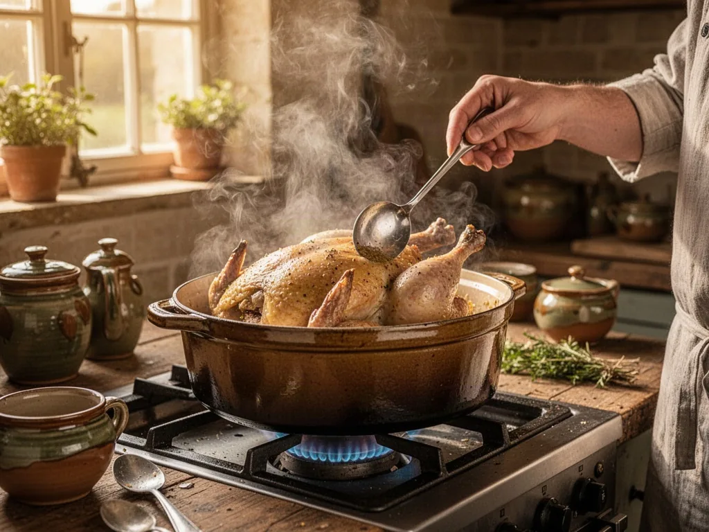 A heavy lidded cocotte on a low stove flame, steam rising from the rim, a cook's hand basting the guinea fowl with a met